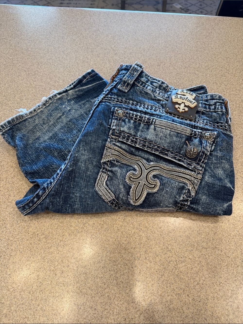 Rock Revival Men's Distressed Blue Bootcut Jeans “Lancer” 40X30